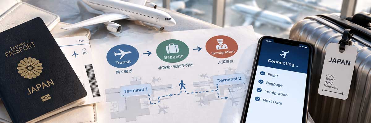 일본 공항 경유와 환승을 위한 여권 항공권 수하물 준비