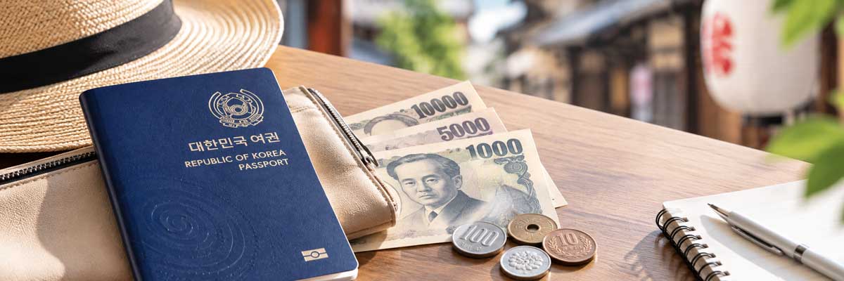 일본 여행 환전 금액을 준비하는 엔화 지폐와 동전, 여권과 여행용품